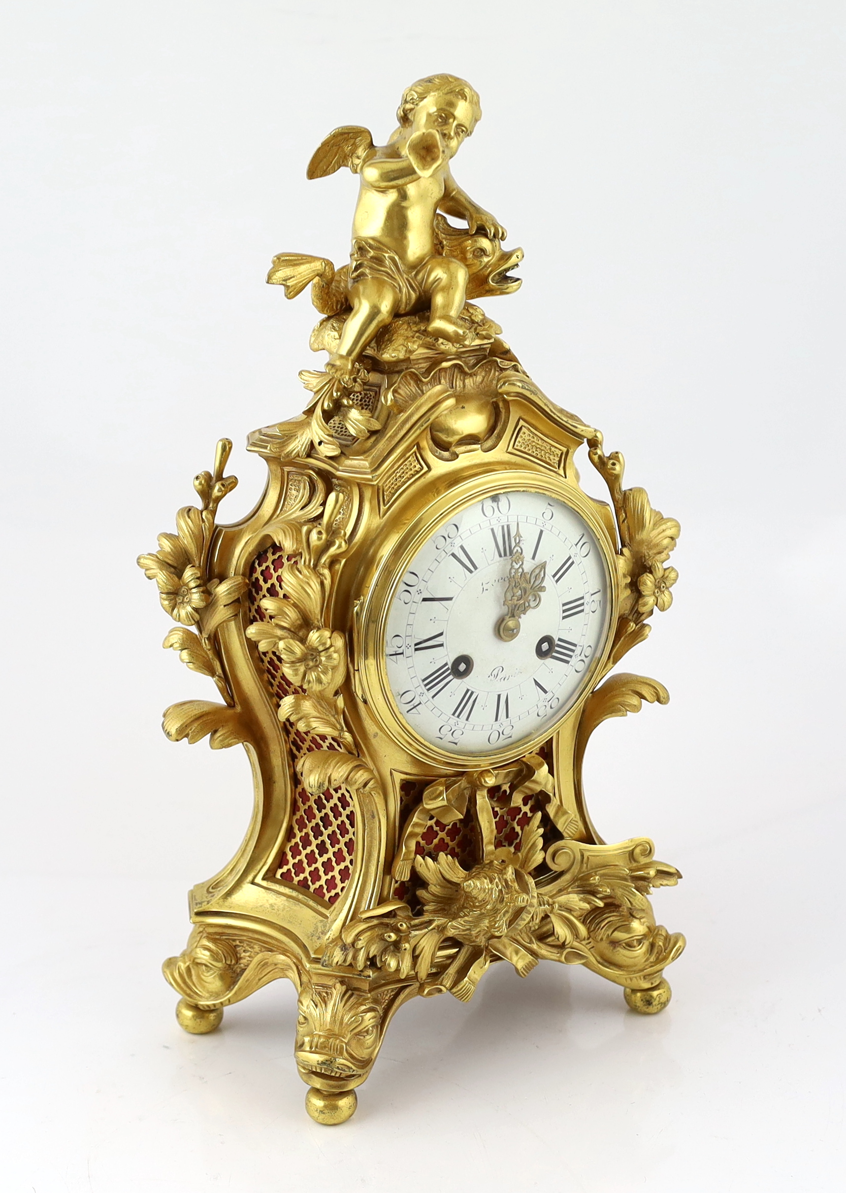 A Louis XVI style ormolu mantel clock, 23cm wide, 14cm deep, 45cm high